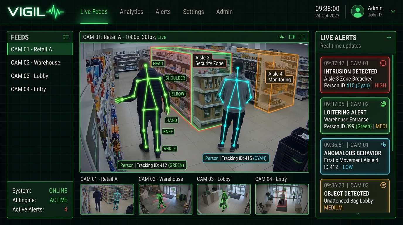 VIGIL security and intelligence platform live camera dashboard
